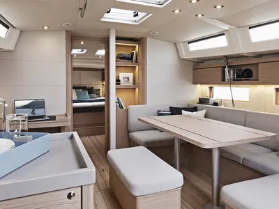 Salon of Sunsail 46 Mon Classic, a Beneteau Oceanis 46 sailboat at Općina Marina, Croatia