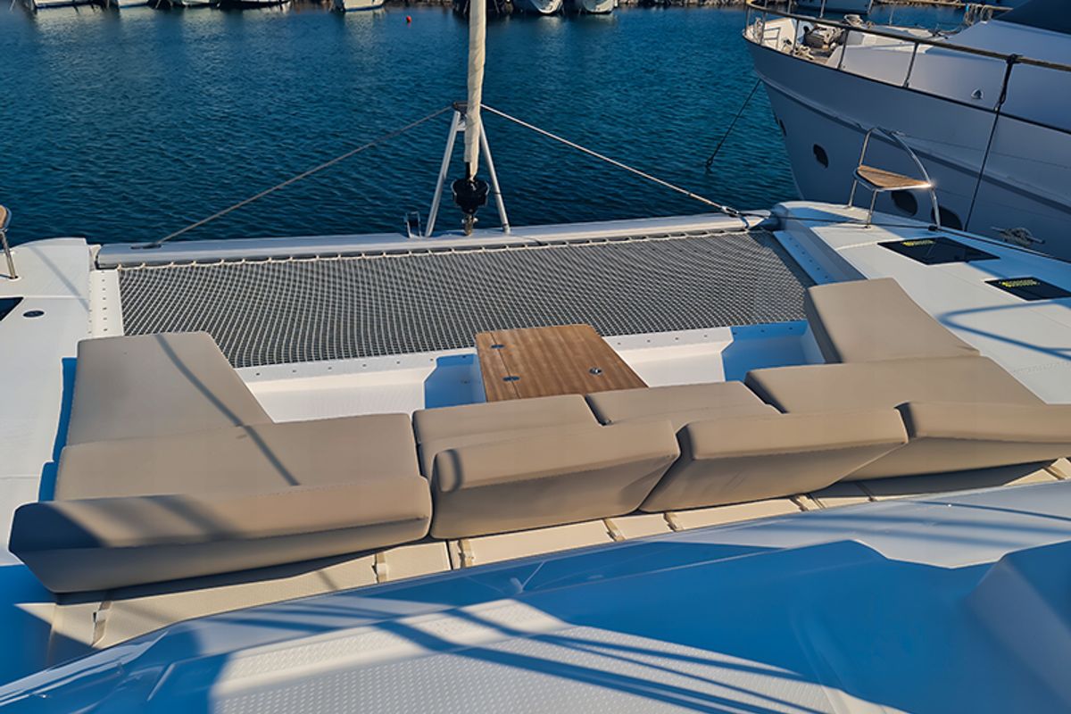 Deck of Penny Lane Green Wave, a Fountaine Pajot Aura 51 catamaran at Athens, Greece