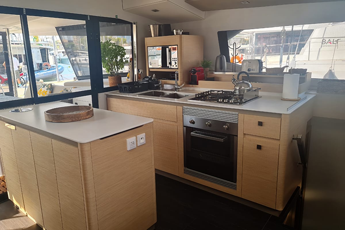 Galley of Penny Lane Green Wave, a Fountaine Pajot Aura 51 catamaran at Athens, Greece