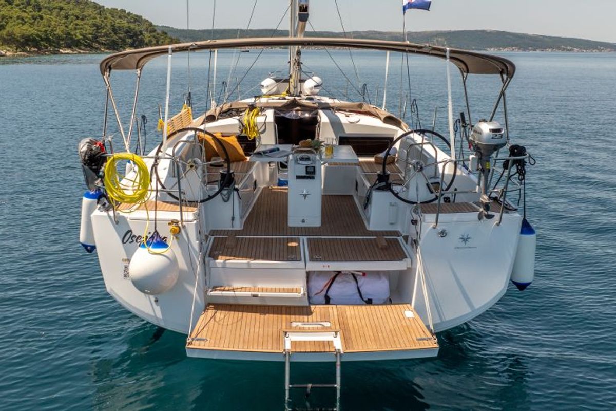 Deck of OSEJAVA, a Jeanneau Sun Odyssey 490 sailboat at Split, Croatia