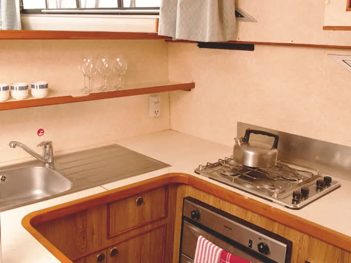 Galley of Sundeck, a Cygnet Clipper motorboat at Rheinsberg, Germany