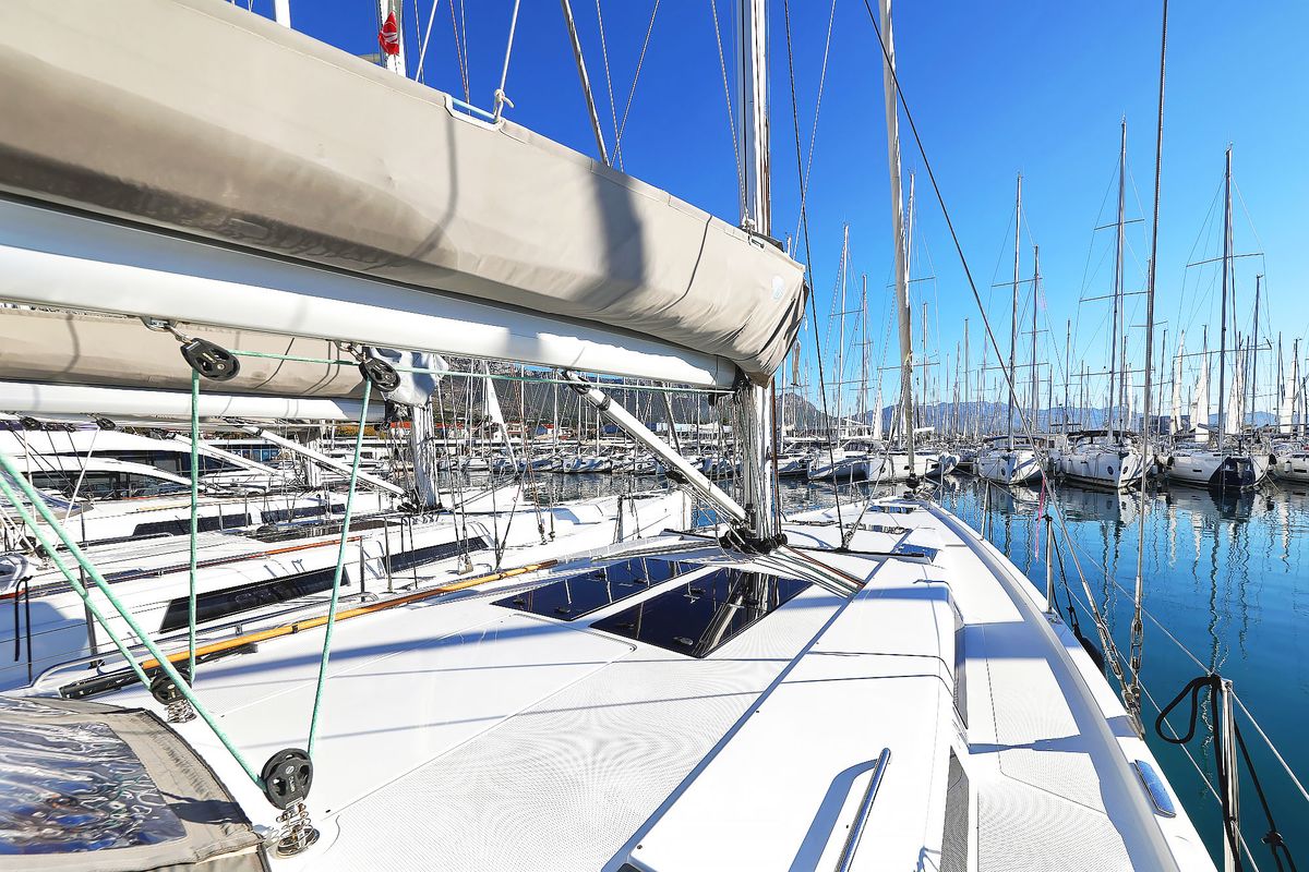 Exterior view of Lorelei, a Hanse Yachts Hanse 455 sailboat at Grad Kaštela, Croatia