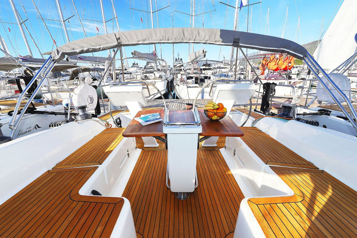 Deck of Lorelei, a Hanse Yachts Hanse 455 sailboat at Grad Kaštela, Croatia