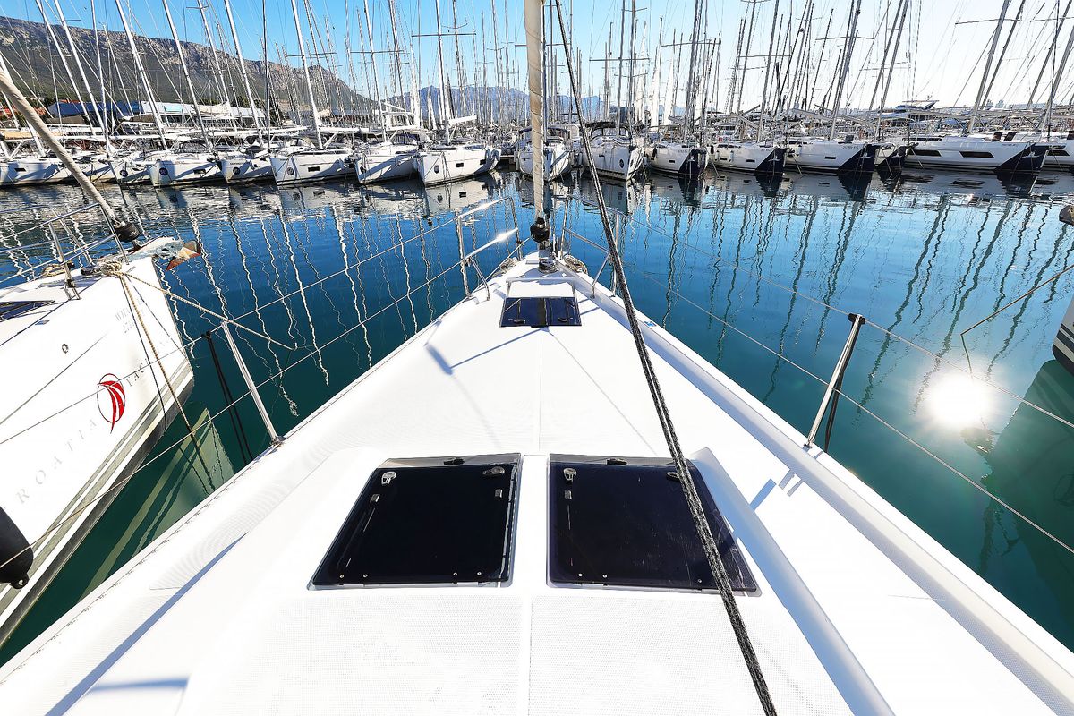 Exterior view of Lorelei, a Hanse Yachts Hanse 455 sailboat at Grad Kaštela, Croatia
