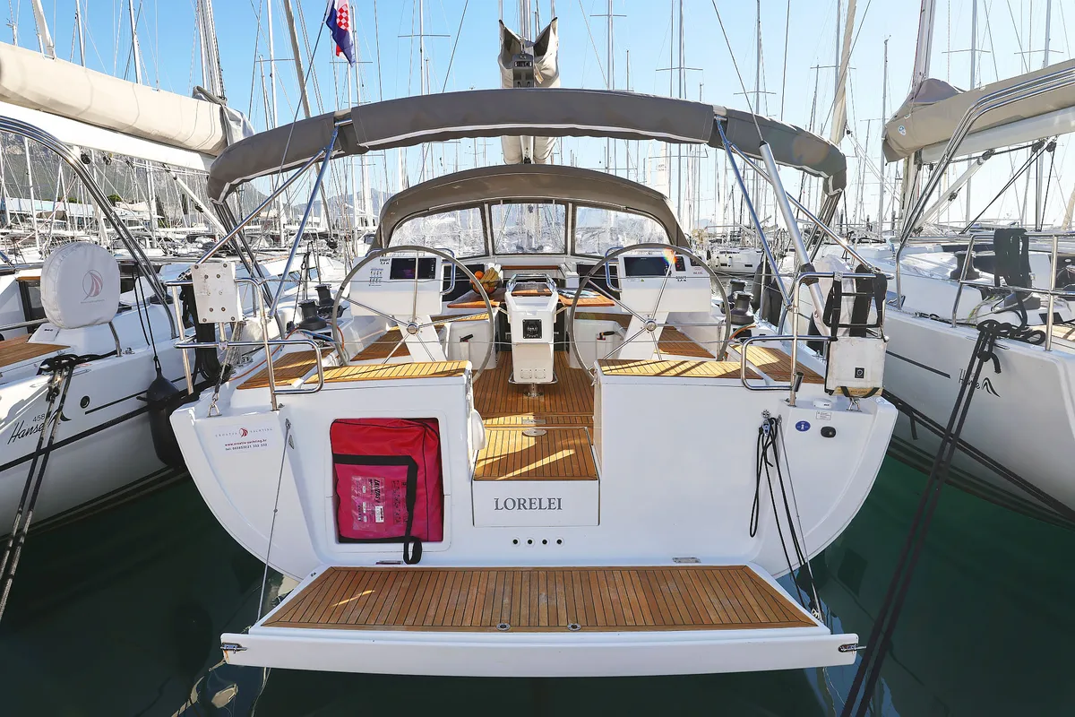 Exterior view of Lorelei, a Hanse Yachts Hanse 455 sailboat at Grad Kaštela, Croatia