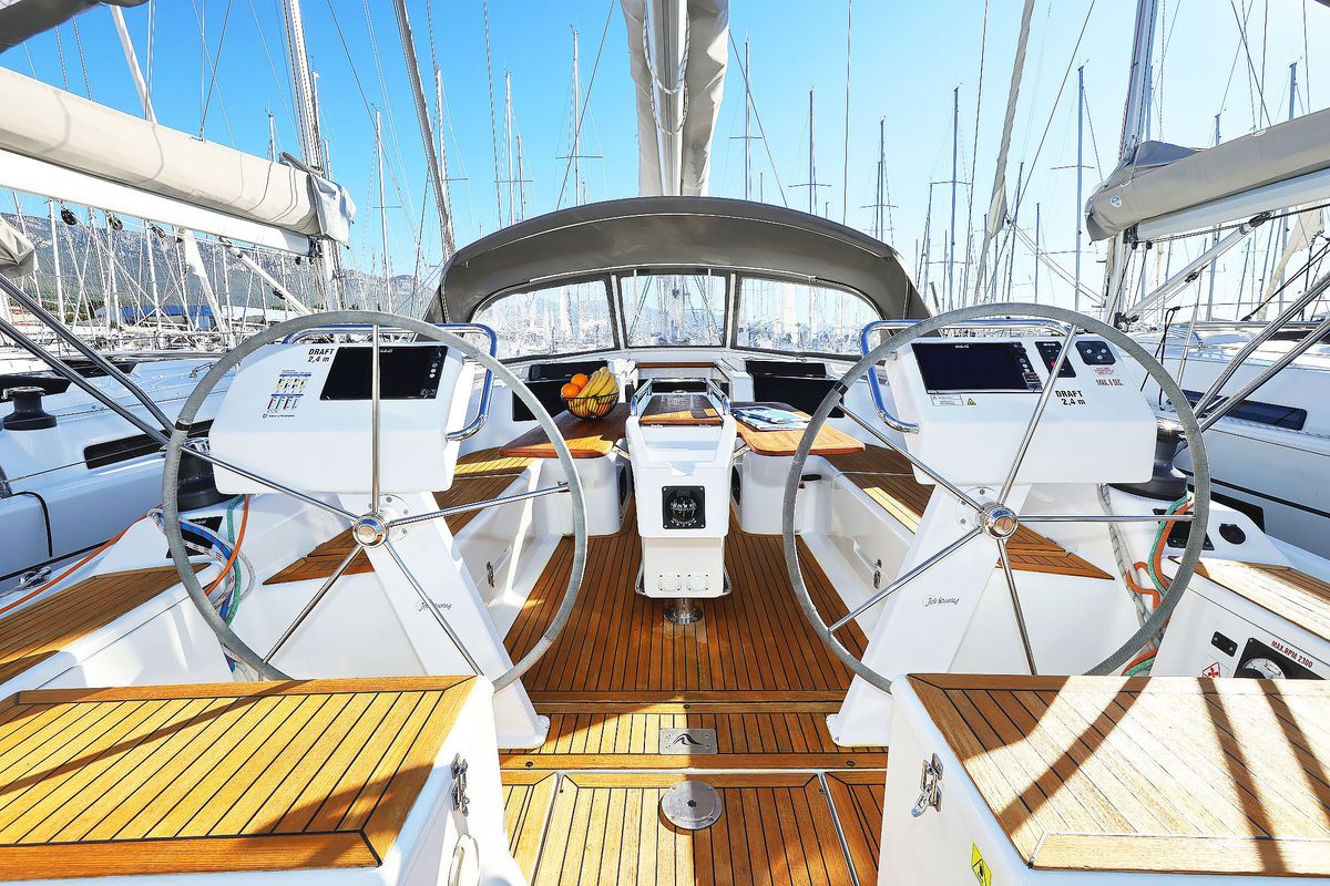 Cockpit of Lorelei, a Hanse Yachts Hanse 455 sailboat at Grad Kaštela, Croatia