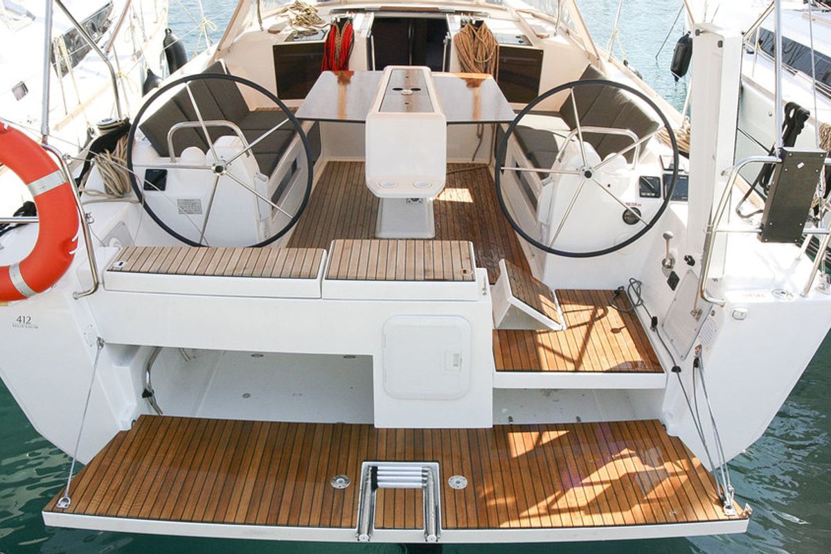 Deck of Stella, a Dufour 412 GL sailboat at Grad Pula, Croatia