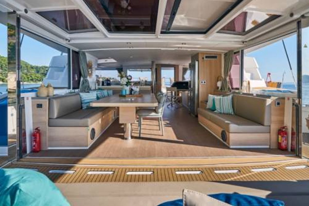 Salon of JOŽA, a Bali 5.4 catamaran at Grad Trogir, Croatia