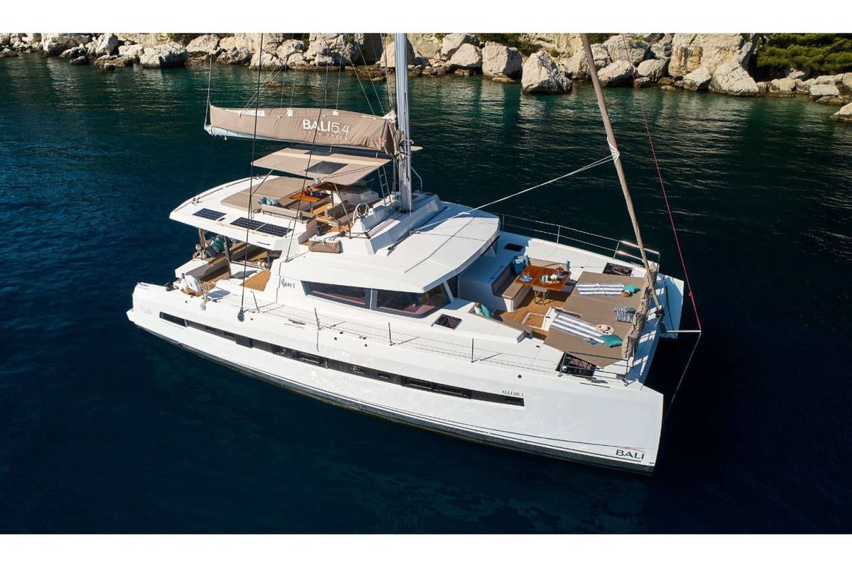 Exterior view of JOŽA, a Bali 5.4 catamaran at Grad Trogir, Croatia