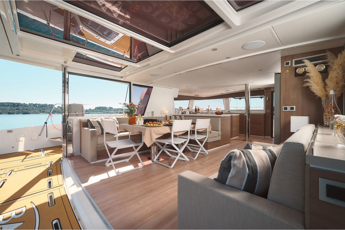 Salon of JOŽA, a Bali 5.4 catamaran at Grad Trogir, Croatia