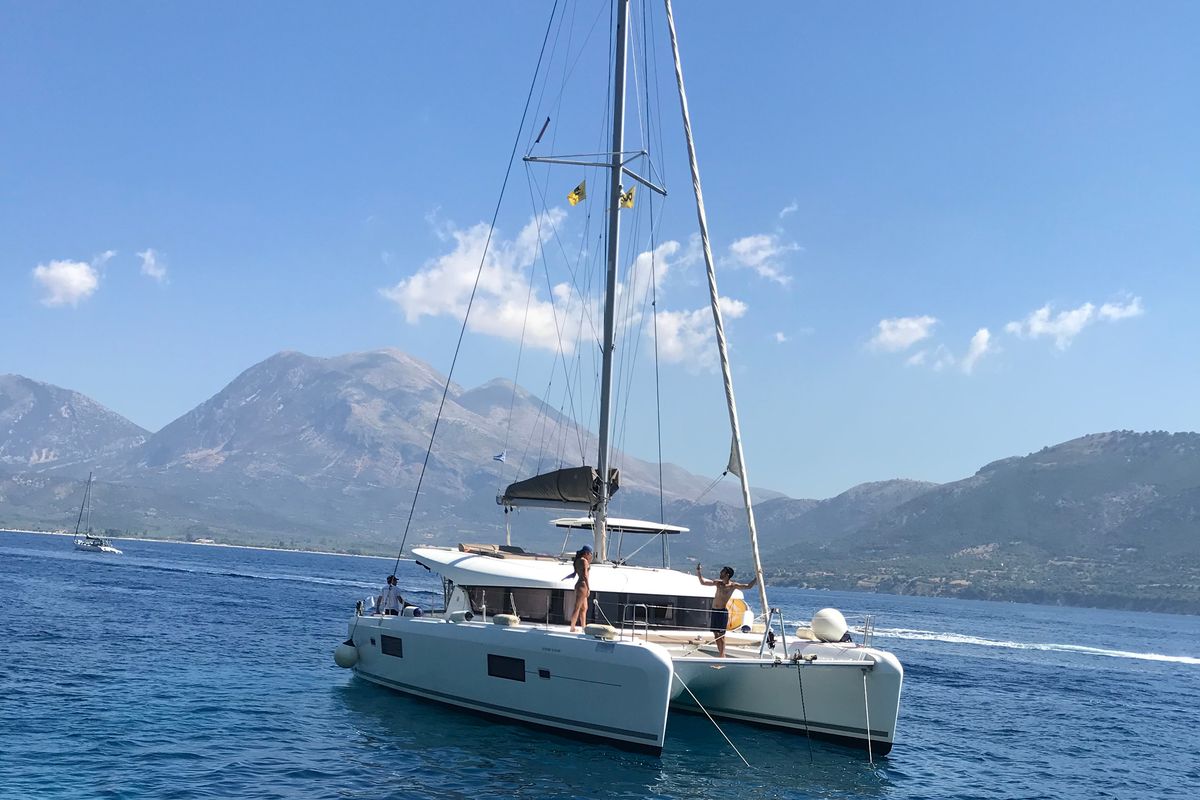 Exterior view of Nyami Nyami, a Lagoon 42 catamaran at Municipal Unit of Lefkada, Greece
