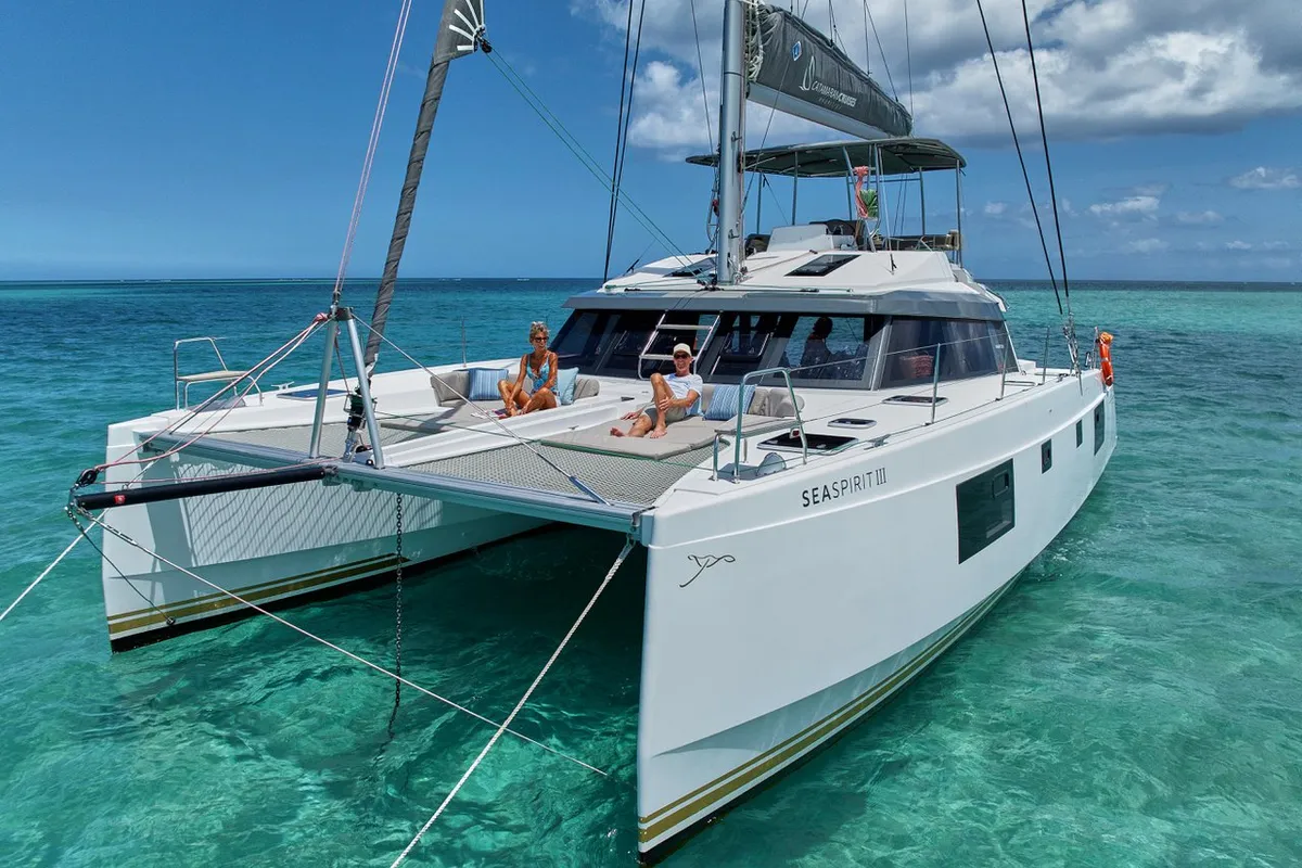 Exterior view of Sea Spirit III, a Nautitech Rochefort Nautitech 46 Fly catamaran at Grande Rivière Noire VCA, Mauritius