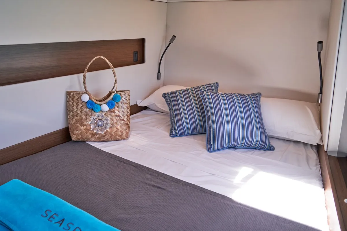Cabin on Sea Spirit III, a Nautitech Rochefort Nautitech 46 Fly catamaran at Grande Rivière Noire VCA, Mauritius