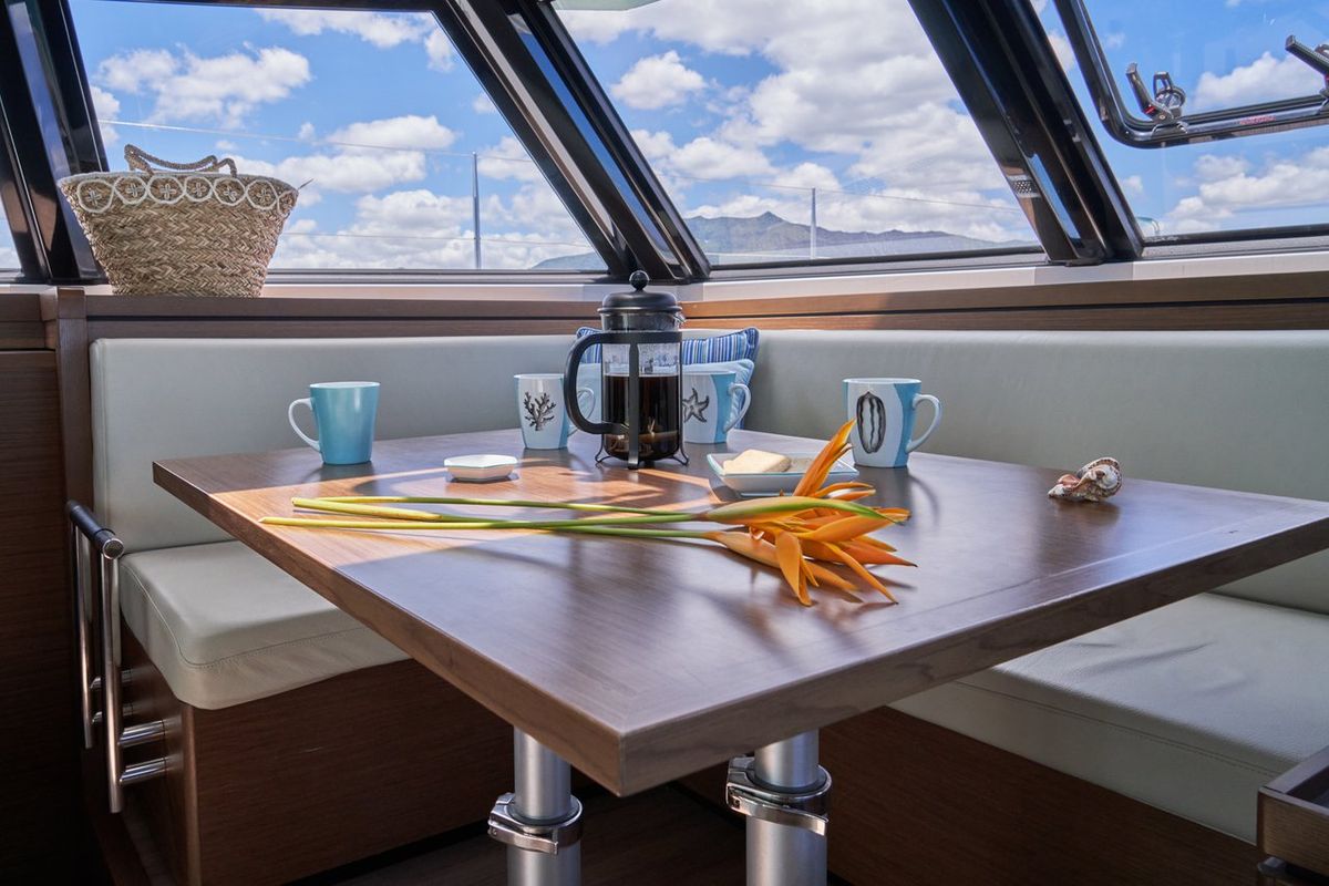 Salon of Sea Spirit III, a Nautitech Rochefort Nautitech 46 Fly catamaran at Grande Rivière Noire VCA, Mauritius