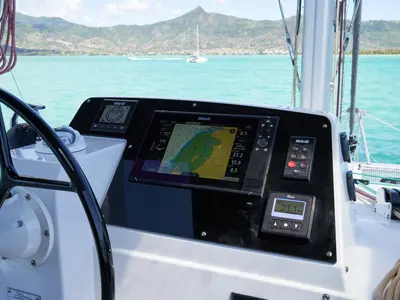 Cockpit of Sea Spirit III, a Nautitech Rochefort Nautitech 46 Fly catamaran at Grande Rivière Noire VCA, Mauritius