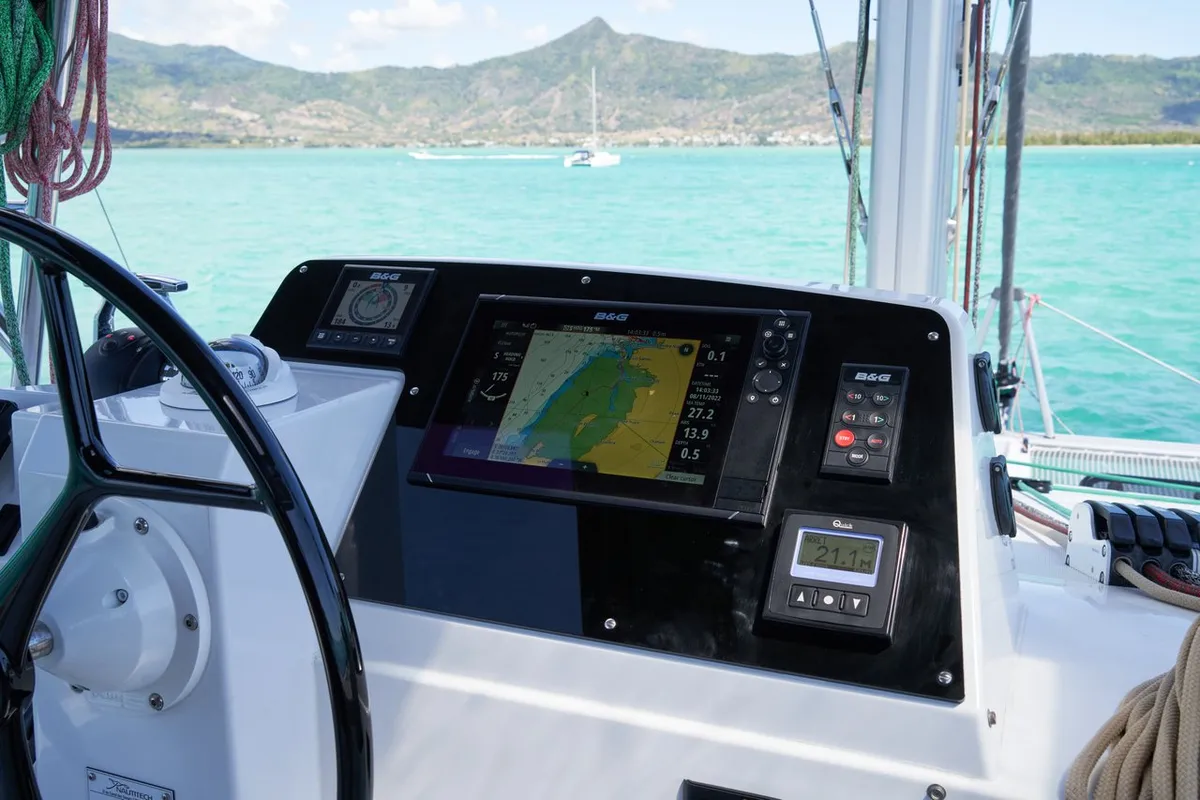 Cockpit of Sea Spirit III, a Nautitech Rochefort Nautitech 46 Fly catamaran at Grande Rivière Noire VCA, Mauritius