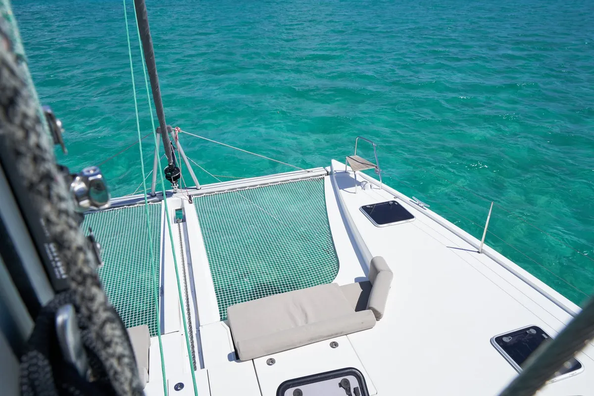 Deck of Sea Spirit III, a Nautitech Rochefort Nautitech 46 Fly catamaran at Grande Rivière Noire VCA, Mauritius