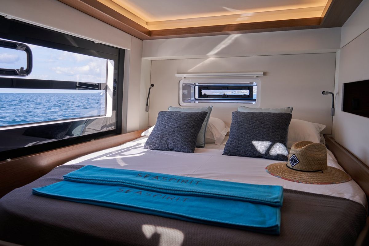 Cabin on Sea Spirit III, a Nautitech Rochefort Nautitech 46 Fly catamaran at Grande Rivière Noire VCA, Mauritius