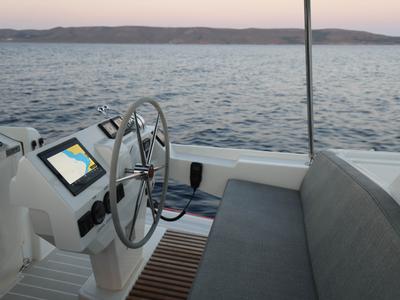 Cockpit of AQUARELLA, a Fountaine Pajot Tanna 47 catamaran at Municipal Unit of Lefkada, Greece