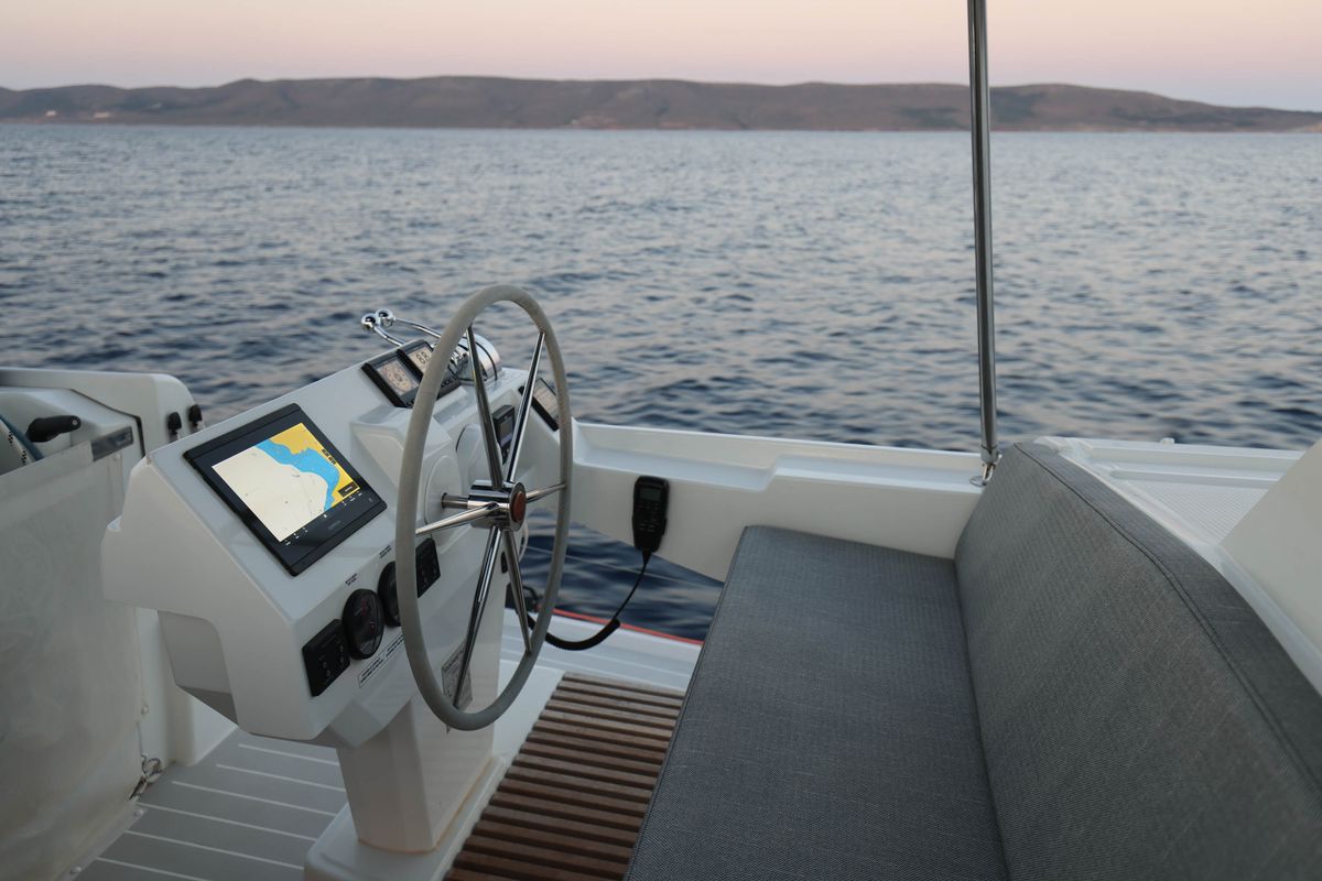 Cockpit of AQUARELLA, a Fountaine Pajot Tanna 47 catamaran at Municipal Unit of Lefkada, Greece
