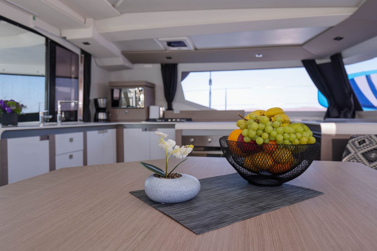 Galley of AQUARELLA, a Fountaine Pajot Tanna 47 catamaran at Municipal Unit of Lefkada, Greece