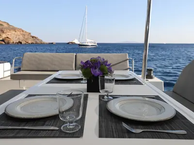 Deck of AQUARELLA, a Fountaine Pajot Tanna 47 catamaran at Municipal Unit of Lefkada, Greece