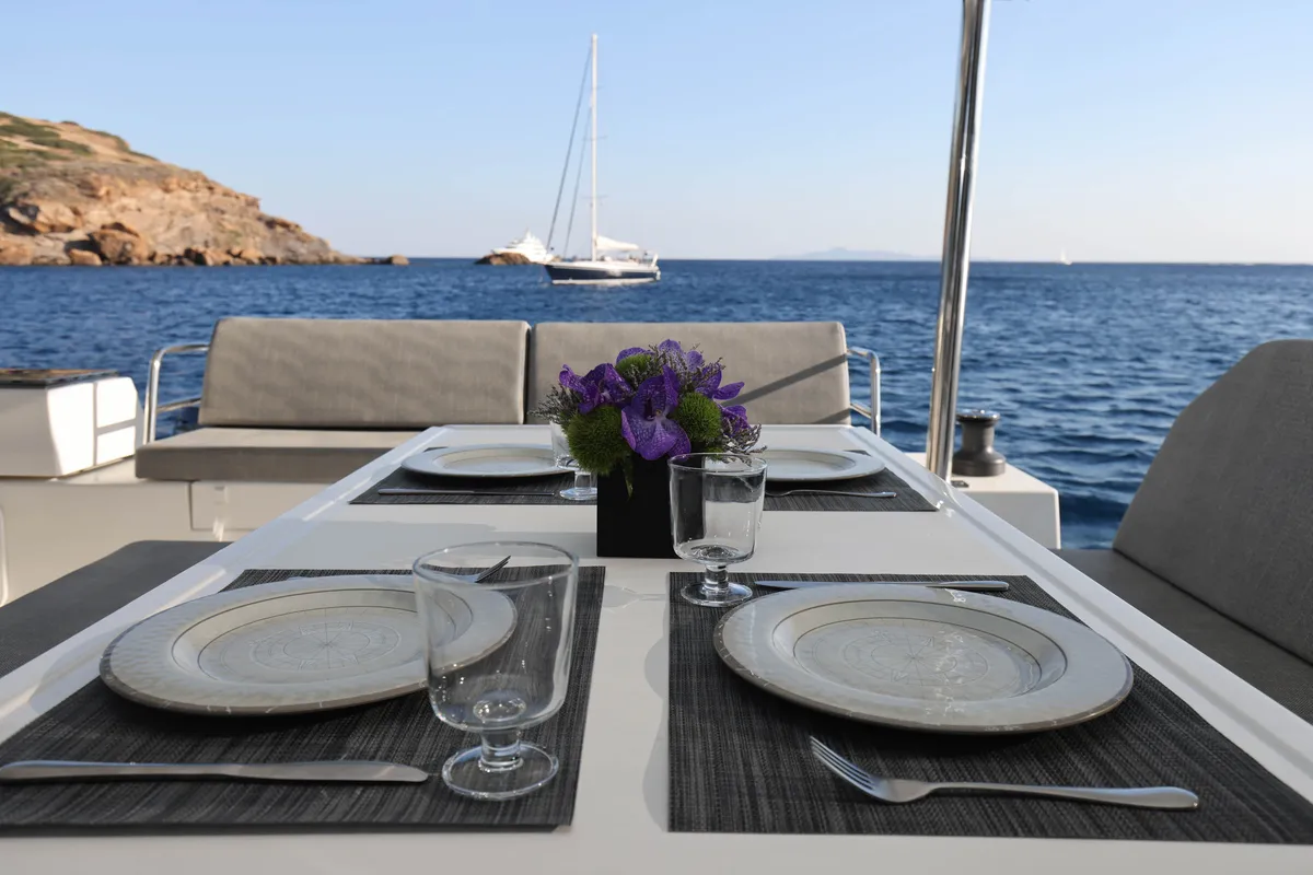 Deck of AQUARELLA, a Fountaine Pajot Tanna 47 catamaran at Municipal Unit of Lefkada, Greece