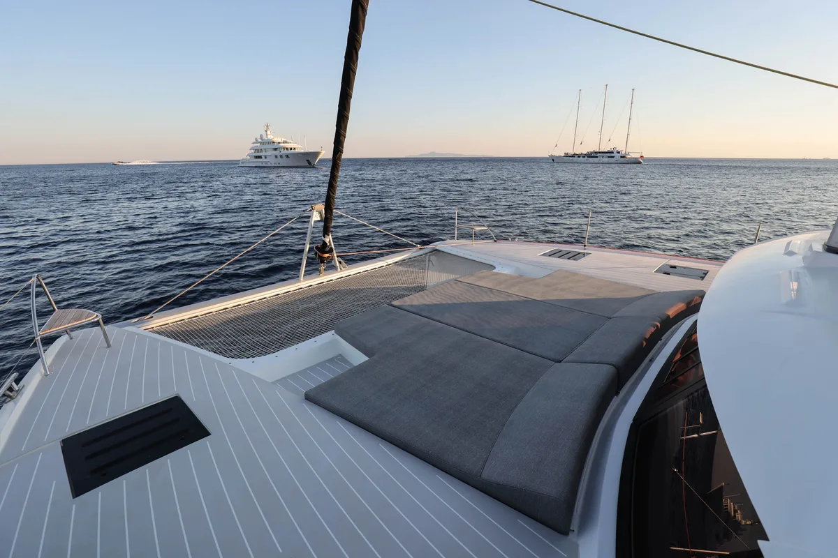 Deck of AQUARELLA, a Fountaine Pajot Tanna 47 catamaran at Municipal Unit of Lefkada, Greece