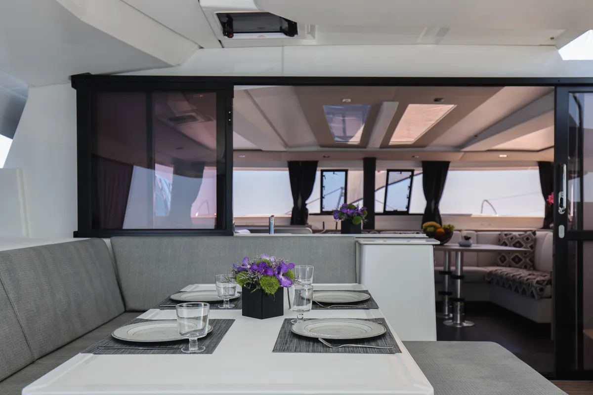 Salon of AQUARELLA, a Fountaine Pajot Tanna 47 catamaran at Municipal Unit of Lefkada, Greece