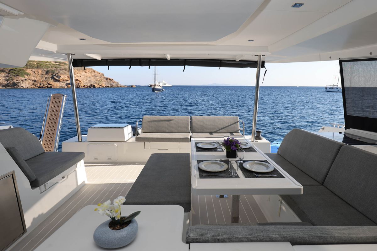 Deck of AQUARELLA, a Fountaine Pajot Tanna 47 catamaran at Municipal Unit of Lefkada, Greece