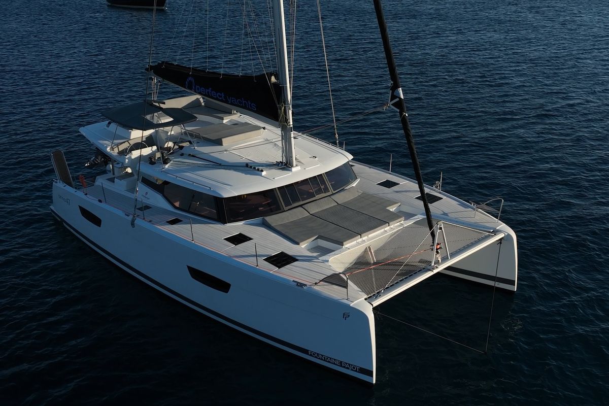 Exterior view of AQUARELLA, a Fountaine Pajot Tanna 47 catamaran at Municipal Unit of Lefkada, Greece