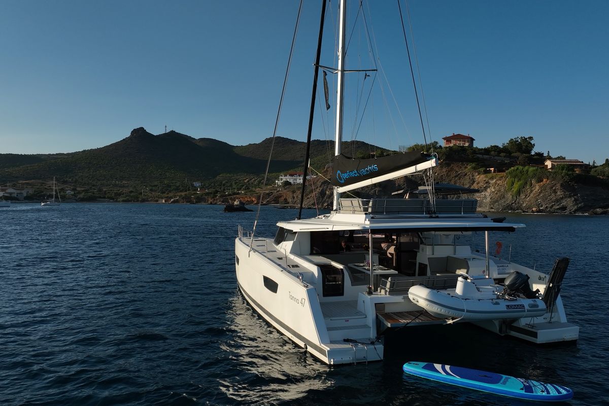 Exterior view of AQUARELLA, a Fountaine Pajot Tanna 47 catamaran at Municipal Unit of Lefkada, Greece