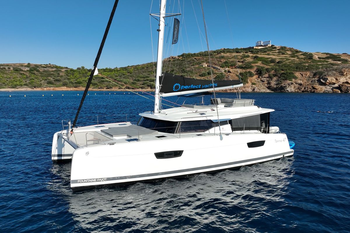 Exterior view of AQUARELLA, a Fountaine Pajot Tanna 47 catamaran at Municipal Unit of Lefkada, Greece
