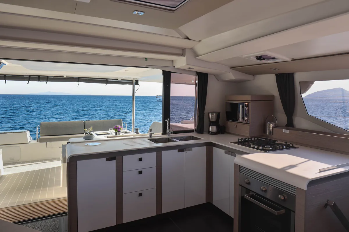 Galley of AQUARELLA, a Fountaine Pajot Tanna 47 catamaran at Municipal Unit of Lefkada, Greece