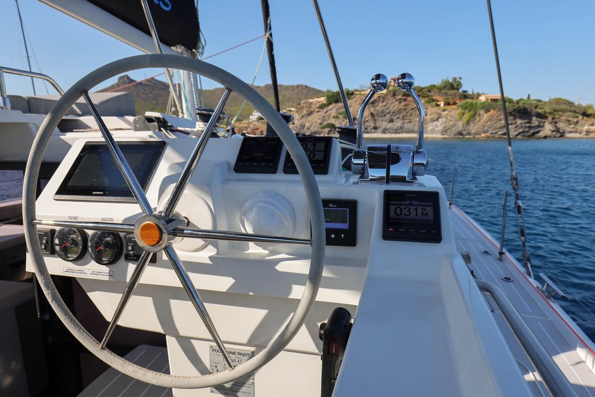 Cockpit of AQUARELLA, a Fountaine Pajot Tanna 47 catamaran at Municipal Unit of Lefkada, Greece