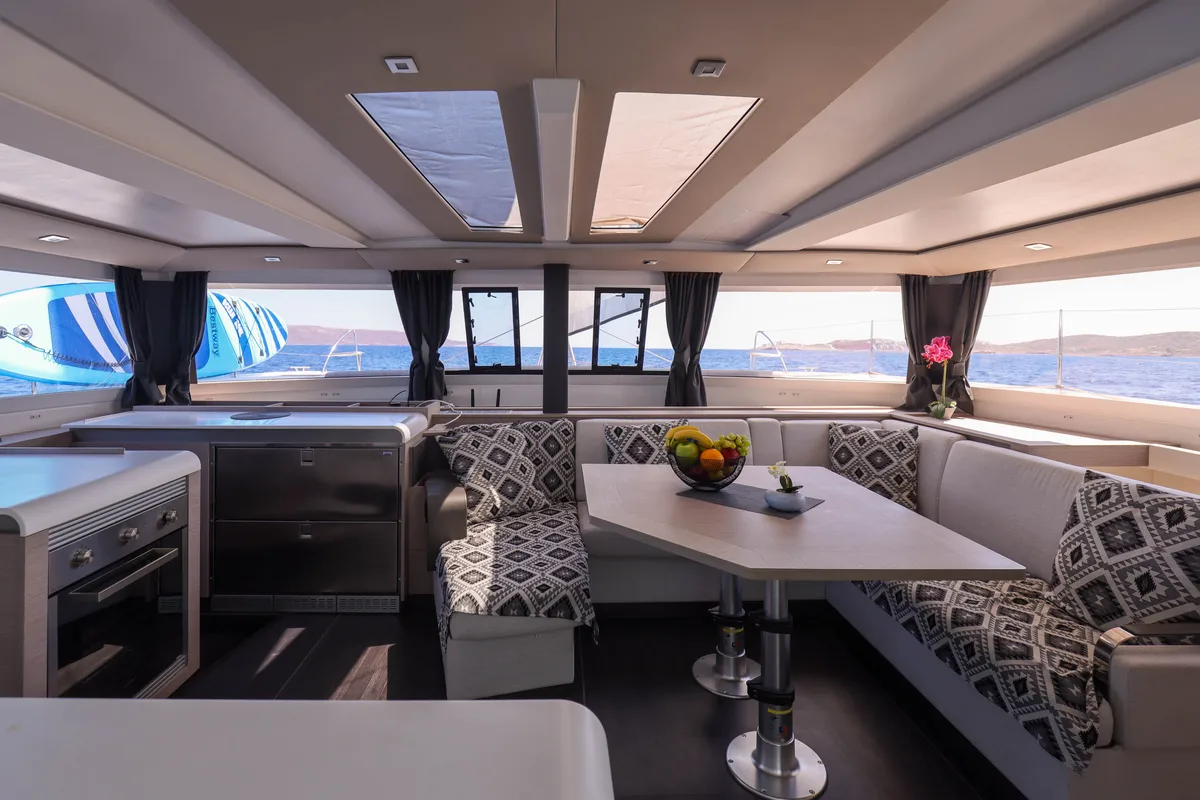 Salon of AQUARELLA, a Fountaine Pajot Tanna 47 catamaran at Municipal Unit of Lefkada, Greece