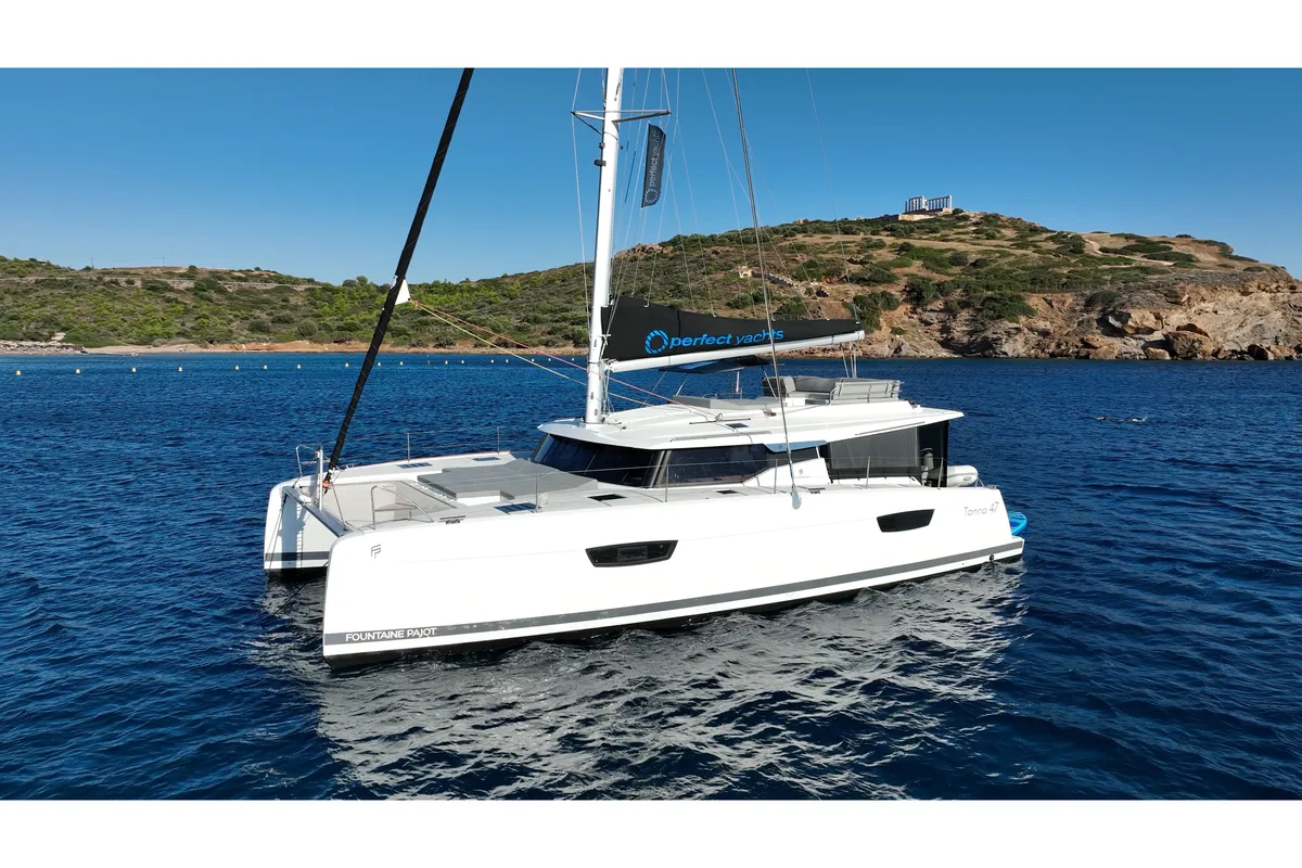 Exterior view of AQUARELLA, a Fountaine Pajot Tanna 47 catamaran at Municipal Unit of Lefkada, Greece