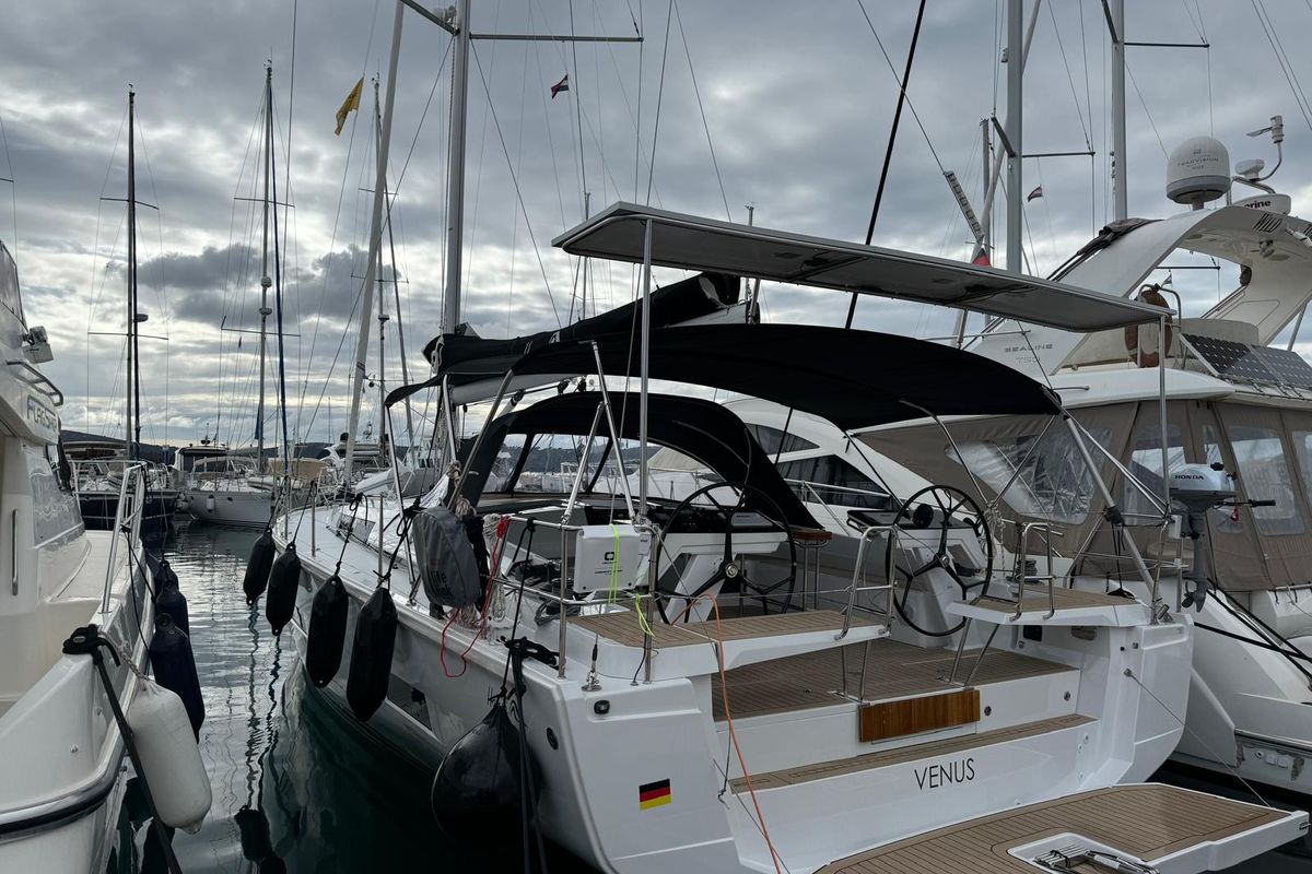 Exterior view of Venus, a Hanse Yachts Hanse 460 sailboat at Grad Biograd na Moru, Croatia