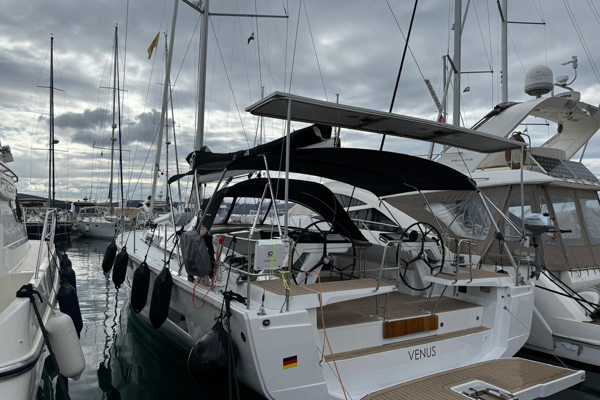 Exterior view of Venus, a Hanse Yachts Hanse 460 sailboat at Grad Biograd na Moru, Croatia