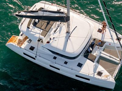 Exterior view of Pantera, a Lagoon 46 catamaran at Olbia, Italy