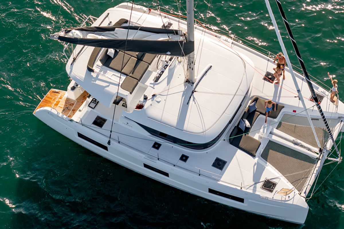 Exterior view of Pantera, a Lagoon 46 catamaran at Olbia, Italy