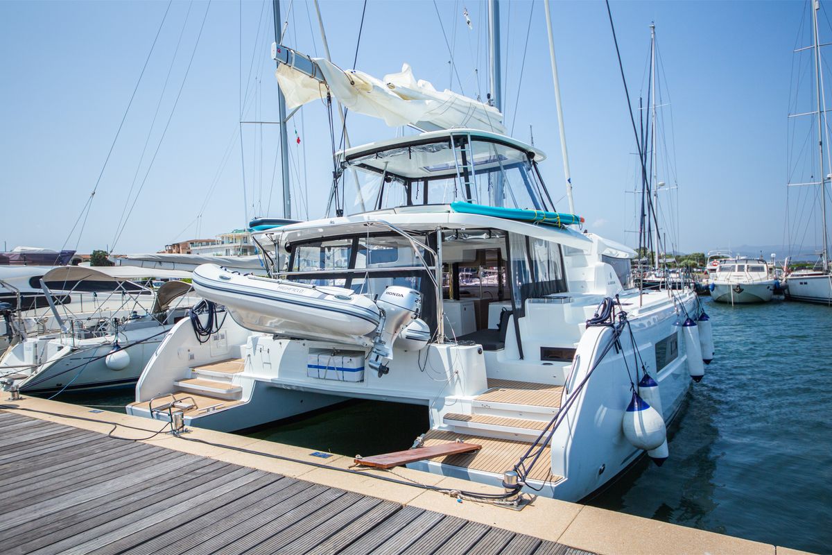 Exterior view of Pantera, a Lagoon 46 catamaran at Olbia, Italy