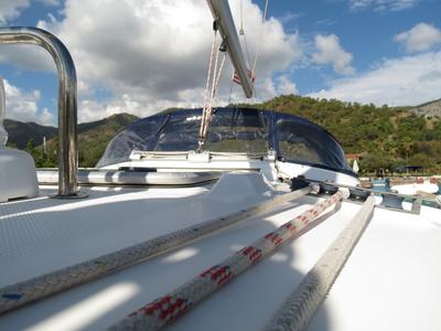 Deck of Yilki, a Bavaria 43 Cruiser sailboat at Fethiye, Turkey