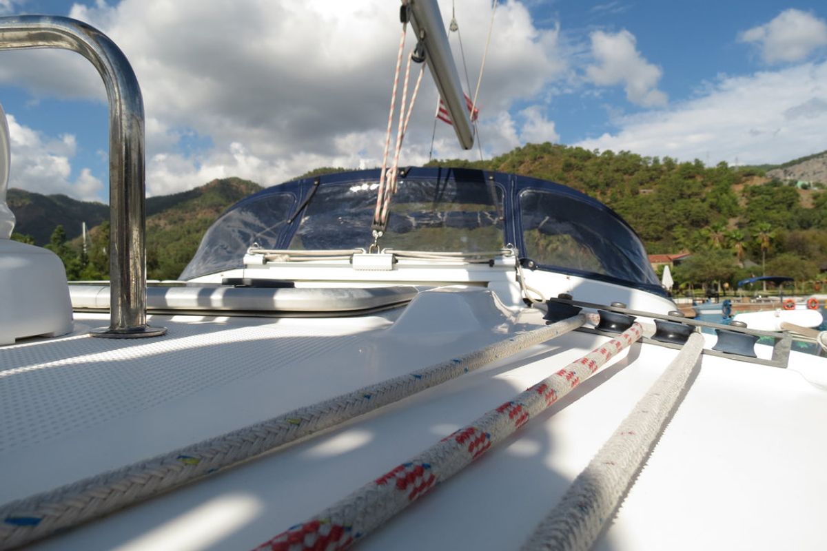Deck of Yilki, a Bavaria 43 Cruiser sailboat at Fethiye, Turkey