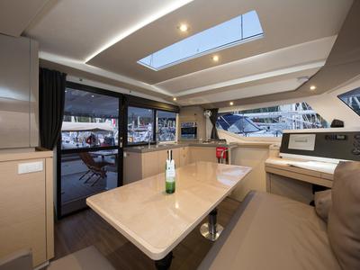 Salon of Sunrise, a Fountaine Pajot Lucia 40 catamaran at Fethiye, Turkey