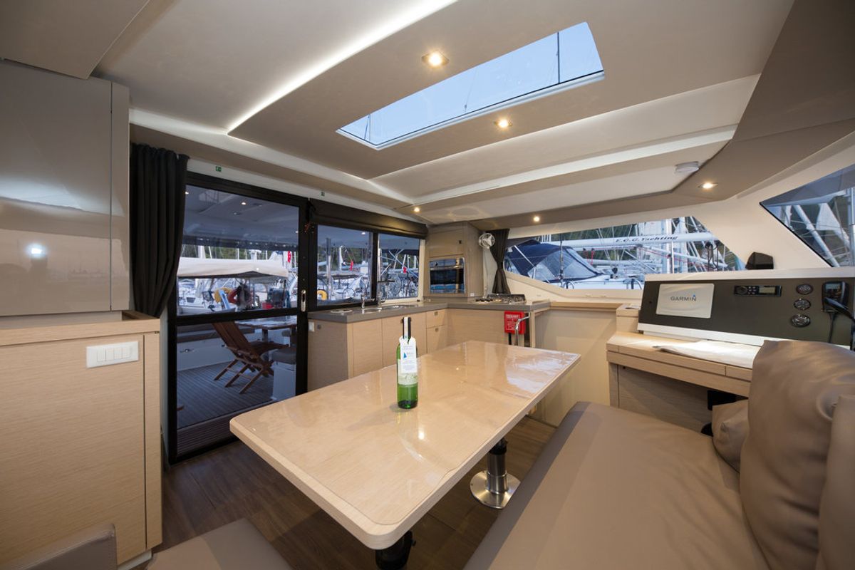 Salon of Sunrise, a Fountaine Pajot Lucia 40 catamaran at Fethiye, Turkey