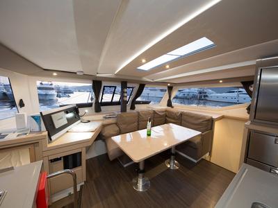 Salon of Sunrise, a Fountaine Pajot Lucia 40 catamaran at Fethiye, Turkey