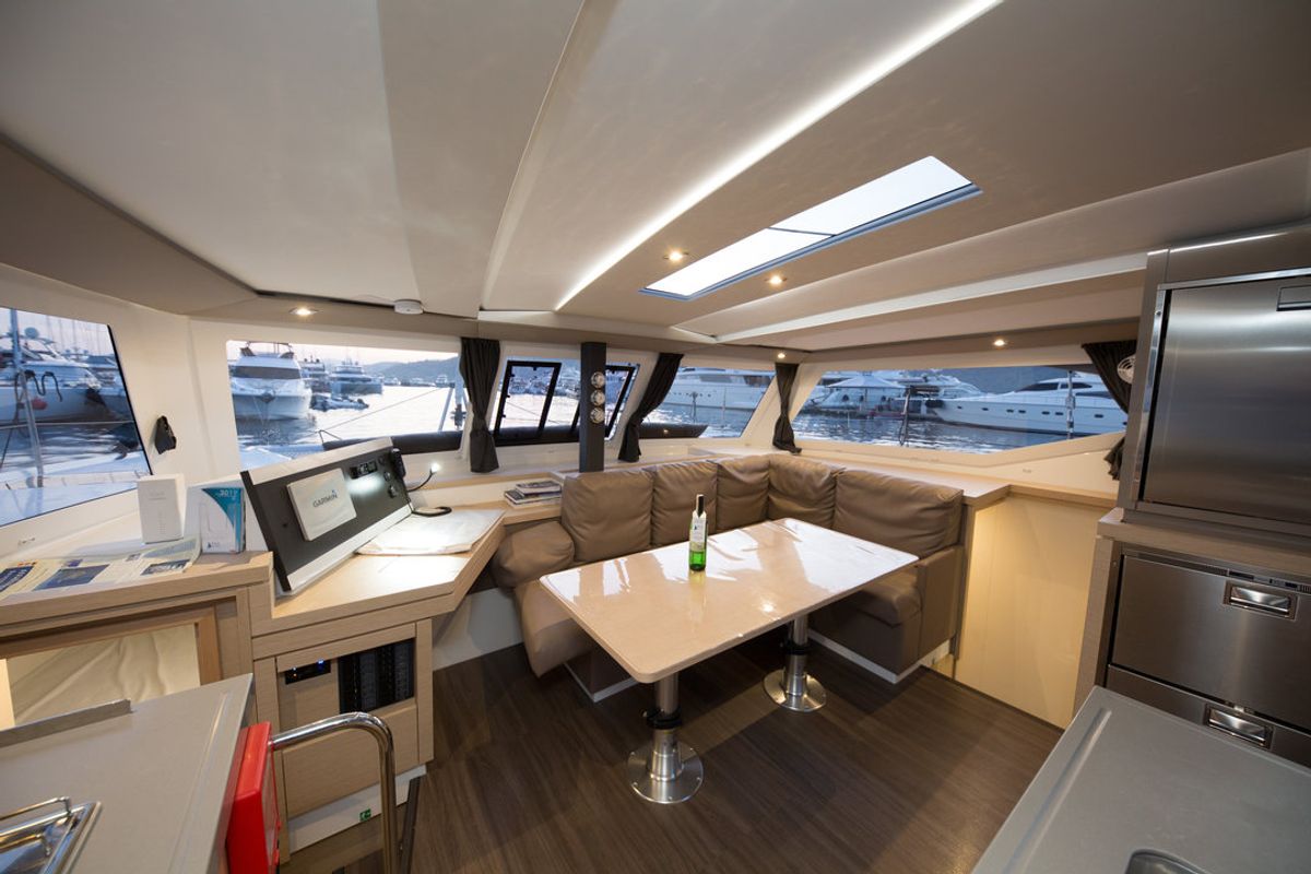 Salon of Sunrise, a Fountaine Pajot Lucia 40 catamaran at Fethiye, Turkey