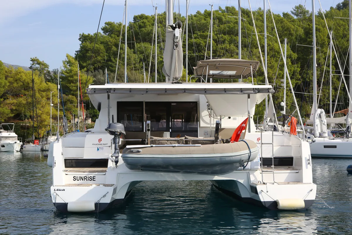 Exterior view of Sunrise, a Fountaine Pajot Lucia 40 catamaran at Fethiye, Turkey
