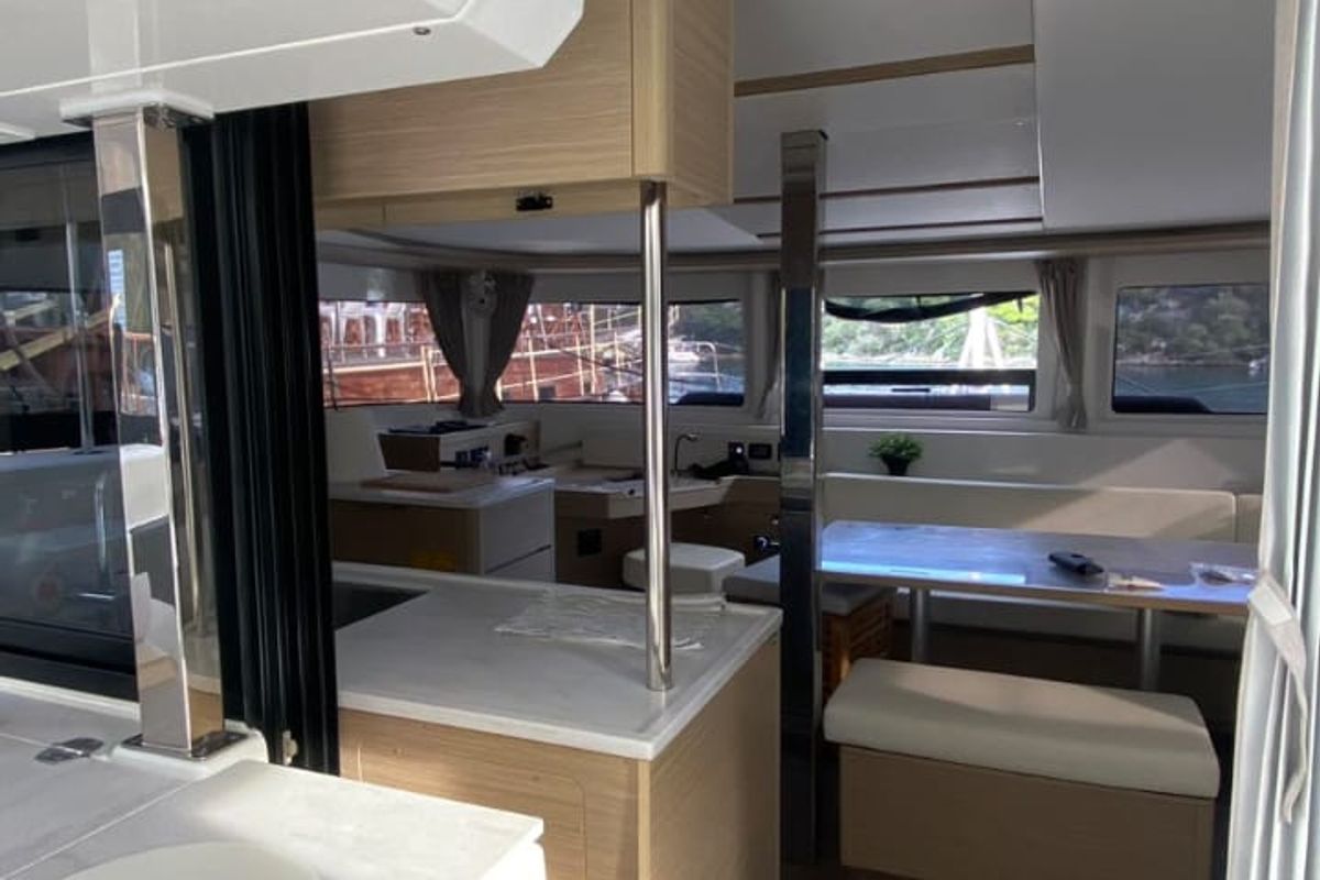 Salon of Thalasea, a Lagoon 46 catamaran at Kontokali, Greece